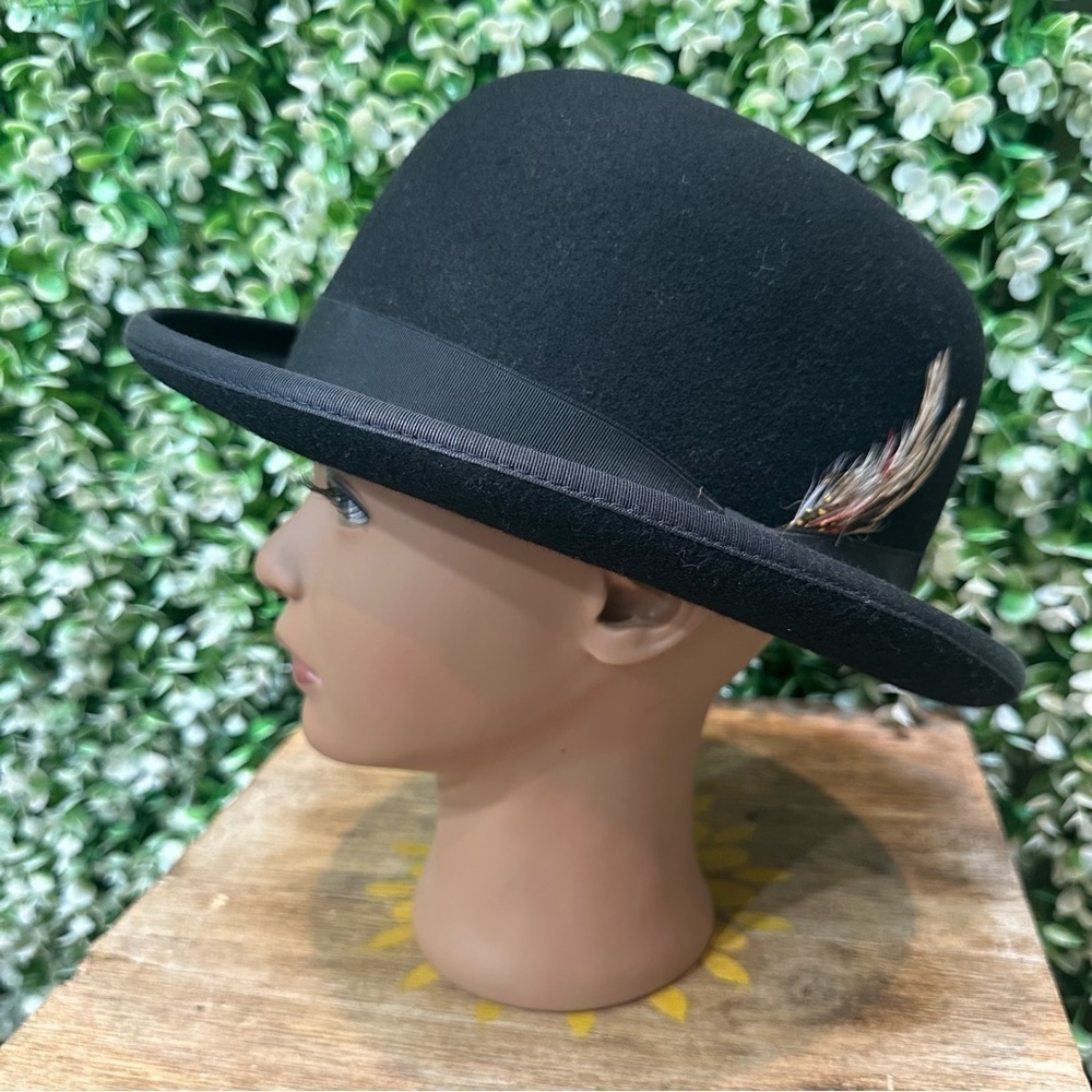 Kenwood vintage unisex 100% wool black bowler hat in EUC with feather